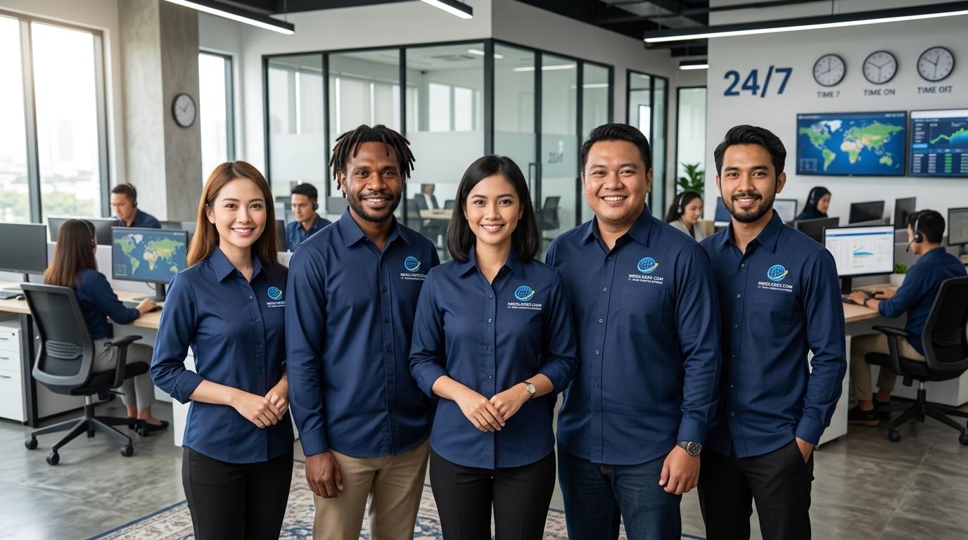 PT Indo Logistics Express Team of 5 Diverse Indonesian Staff in Company Uniform