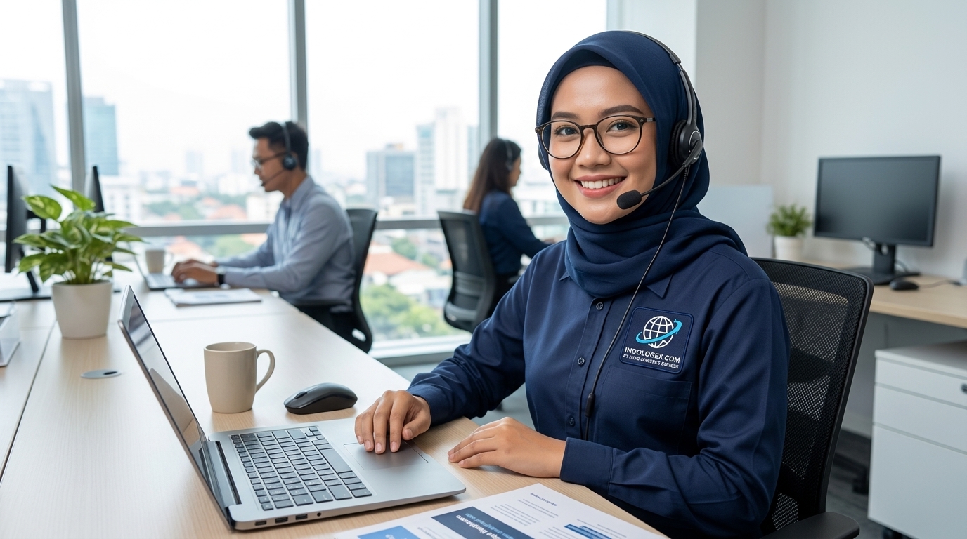 Javanese Indonesian Female PT Indo Logistics Express Customer Service Specialist with Hijab and Glasses