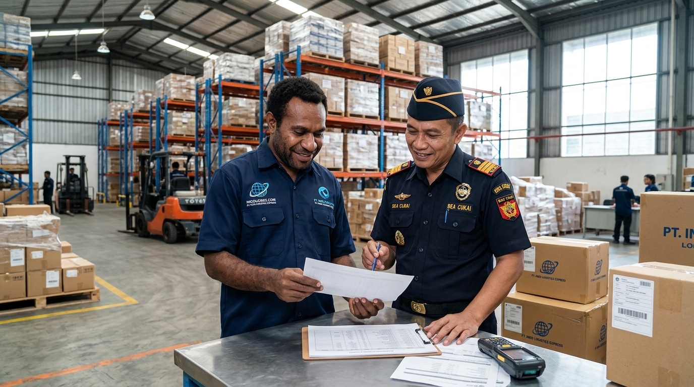PT Indo Logistics Express Papuan Officer and Batak Bea Cukai Customs Officer Inspecting Cargo Manifest